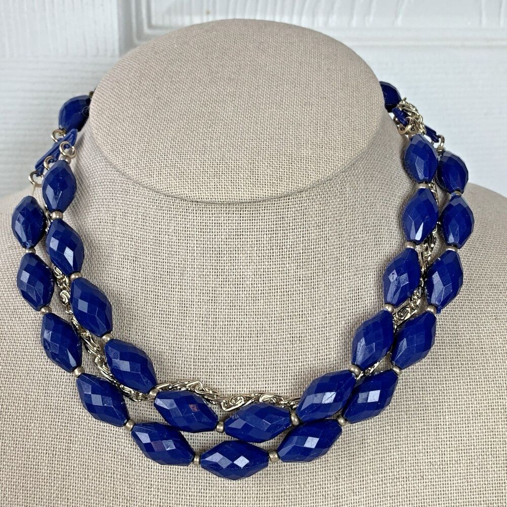 Vintage West Germany Blue Faceted Acrylic Bead Statement Necklace Silver Tone - Picture 4 of 9